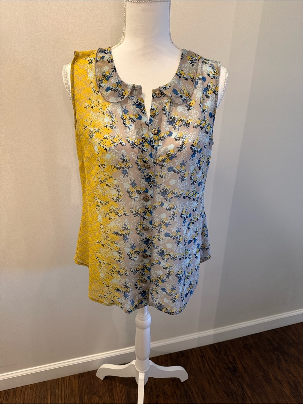 CAbi Yellow and Cream Floral Button-Front Camisole